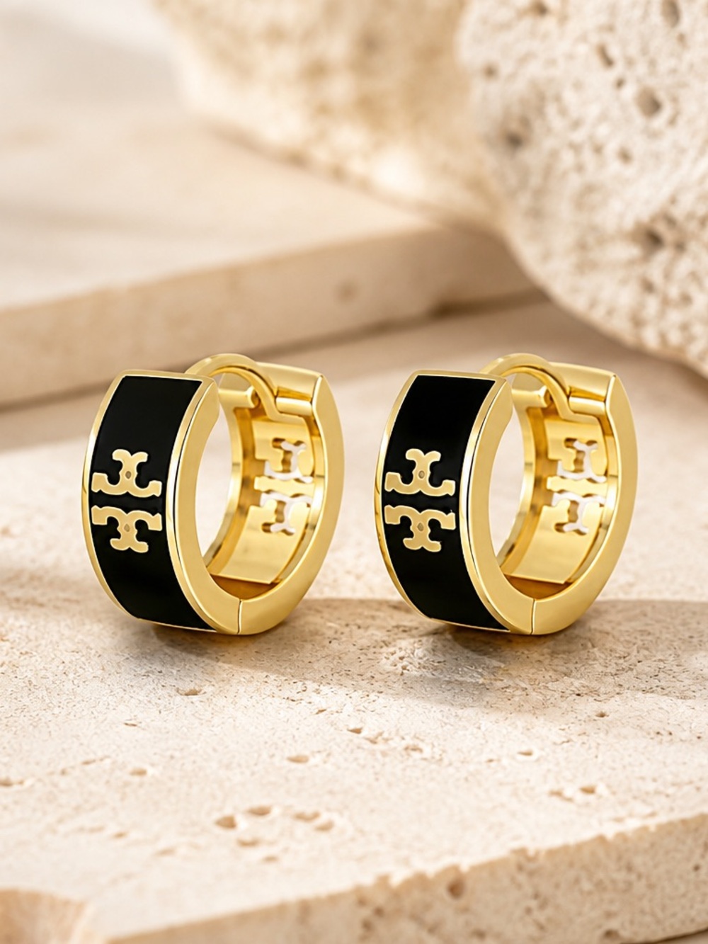 Tory Burch Gold-Tone Huggie Earrings with Black Enamel Logo